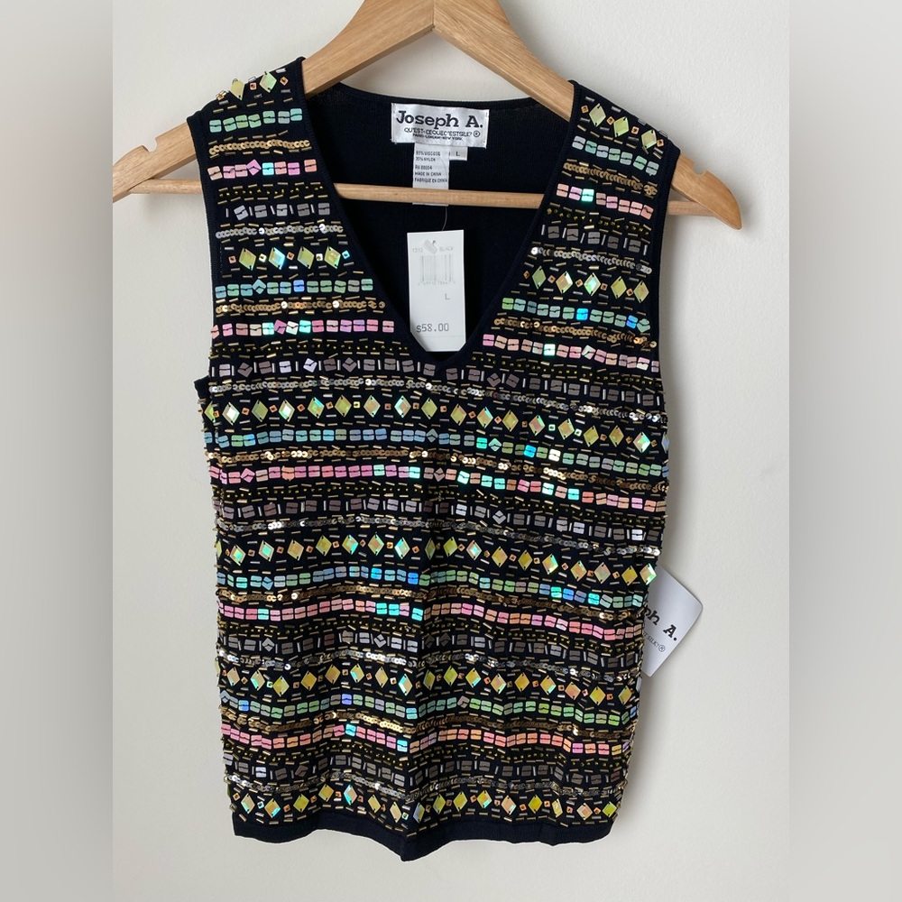 NWT Vintage Joseph A. Womens Black Knit Tank With Sequins And Beads Sz L